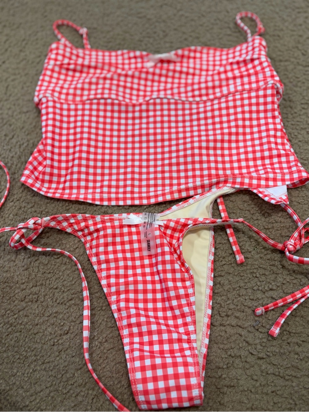 Red Gingham Tankini Top & Tie-Side Bikini Bottom Set - Women's Swim